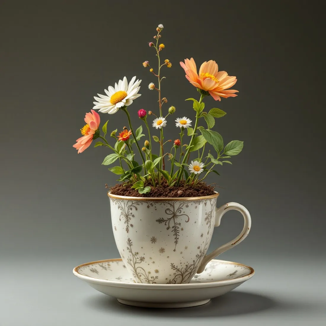 Tasse, aus der Blumen wachsen