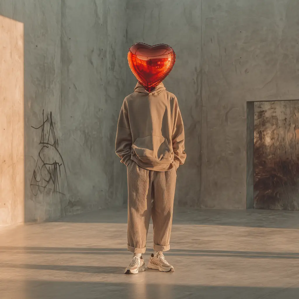 Mann mit Herzluftballon als Kopf